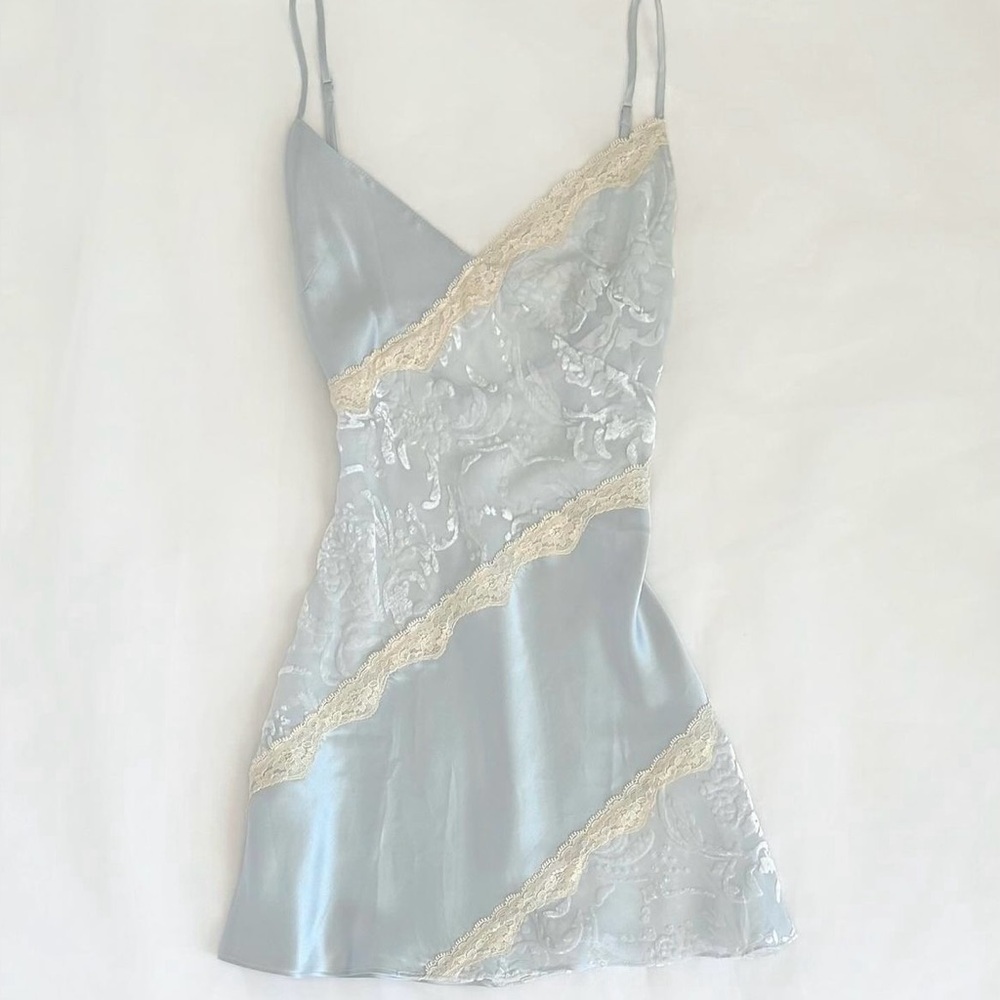 Victoria’s Secret Baby Blue and Cream Lace Velvet Mini Slip Dress